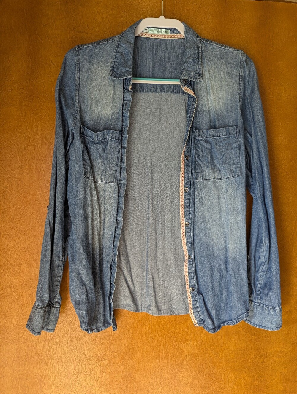 Maurices Light Blue Denim Shirt with Braided Trim